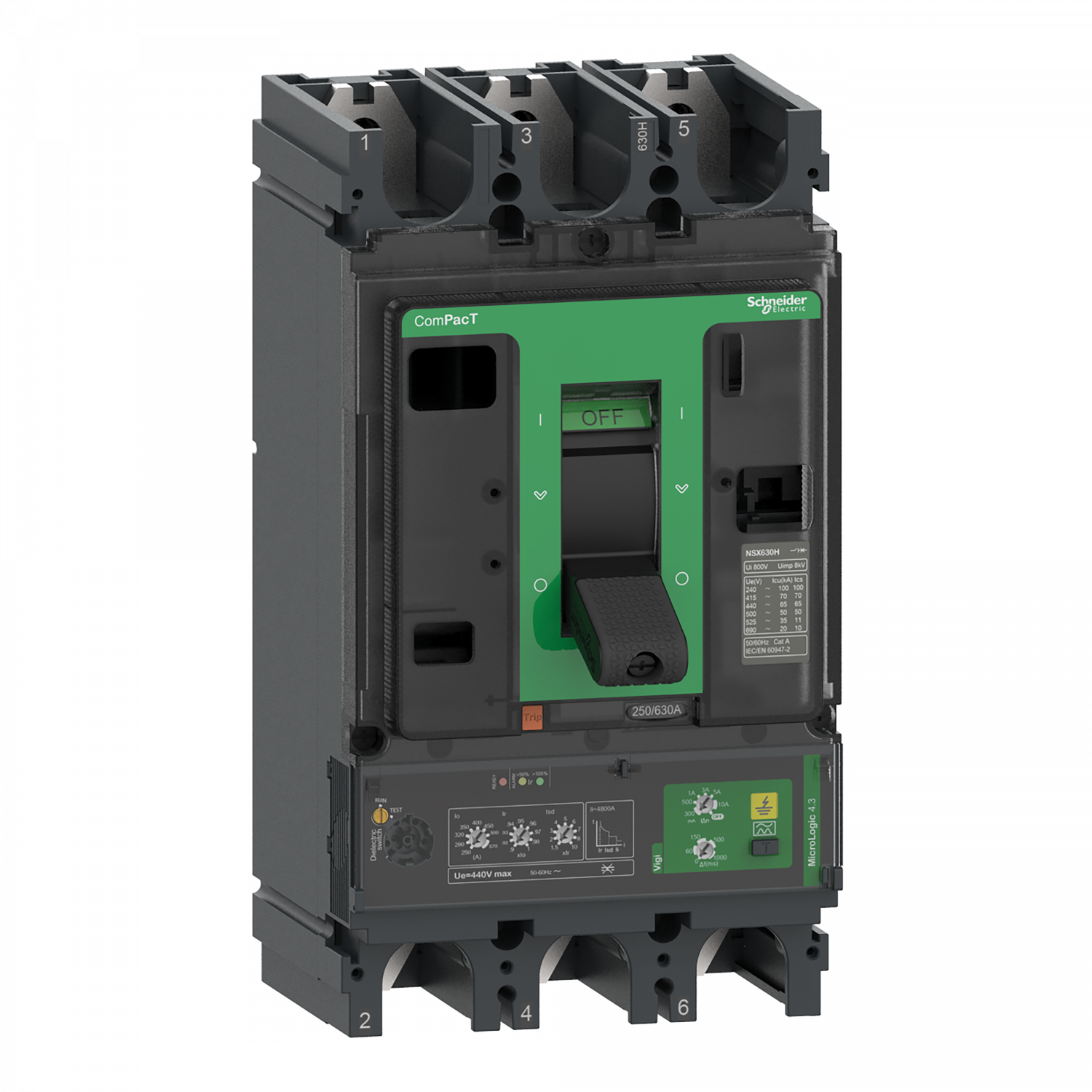 ComPacT NSX630N - Disjoncteur Vigi - MicroLogic 4.3 570A - 3P3D - 50kA - fixe