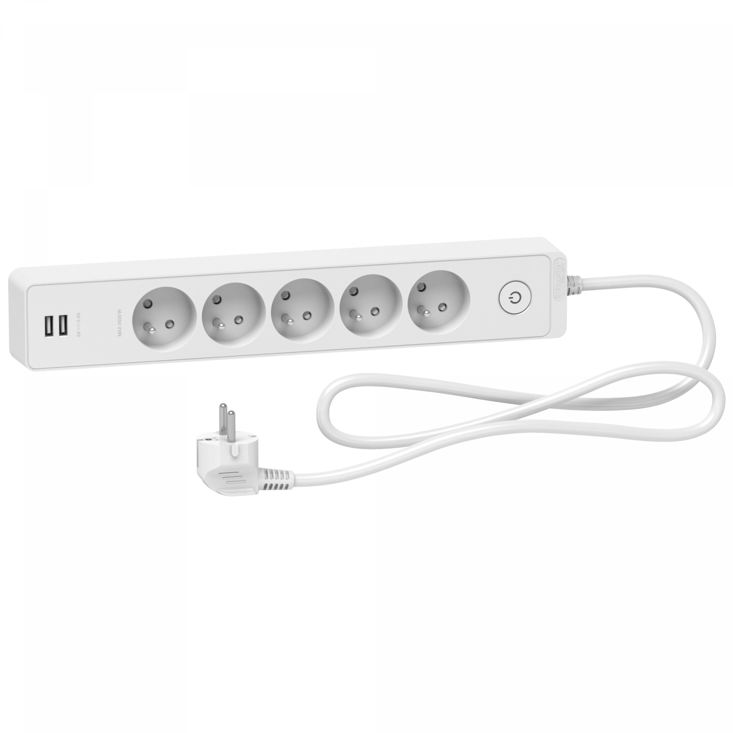 Odace - Rallonge multiprises 5 prises 2P+T - blanche - 2USB - 1,5m